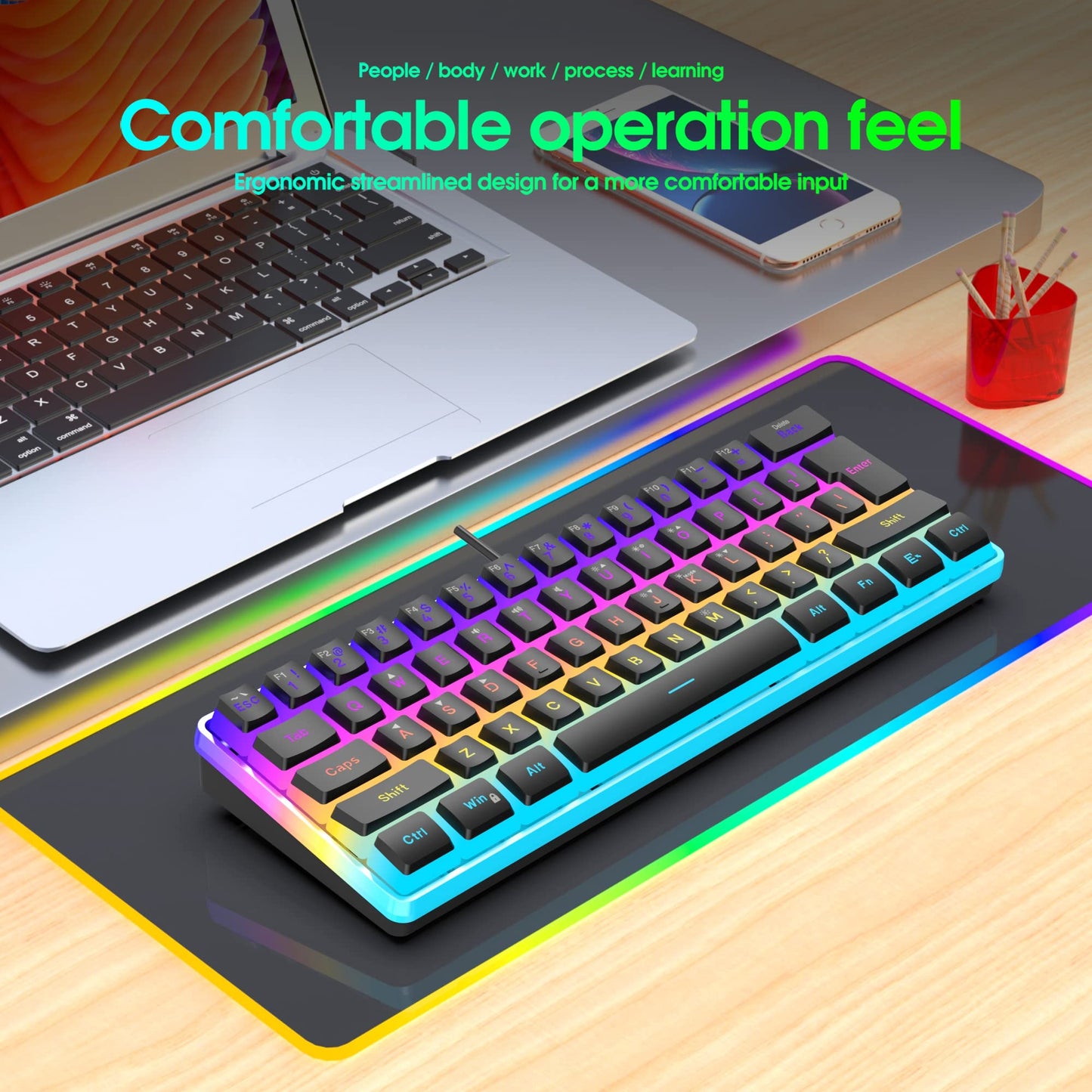 Snpurdiri 60% Wired Gaming Keyboard, Pudding Keycaps with Translucent Layer,RGB Ultra-Compact Mini Keyboards, Waterproof Small 61 Keys Keyboard for Office/Gaming(Black)