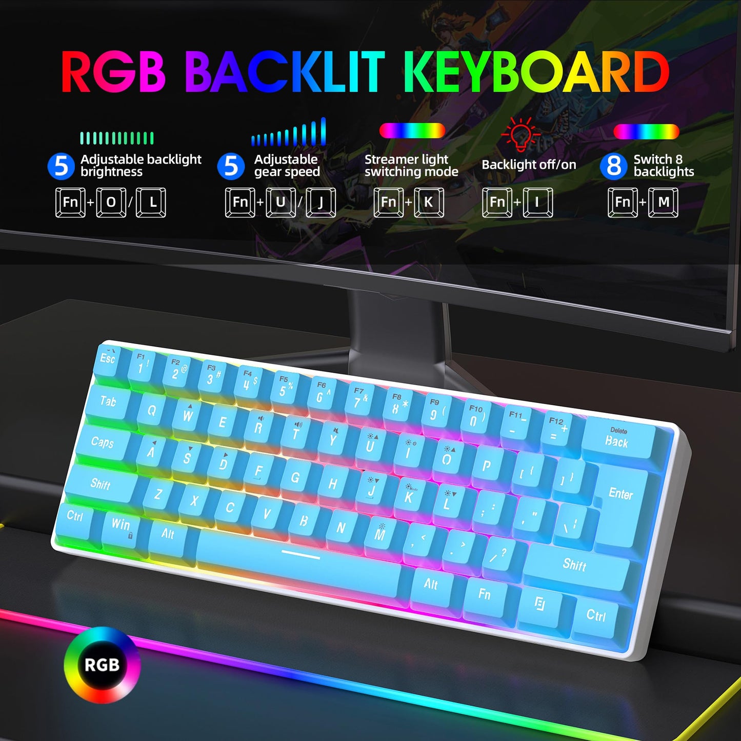 Snpurdiri 60% Wired Gaming Keyboard, Small Ultra-Compact 61 Keys RGB Backlit 60 Percent Gaming Keyboard for PC/Mac Gamer, Typist, Travel, Easy to Carry on Business Trip (Blue)
