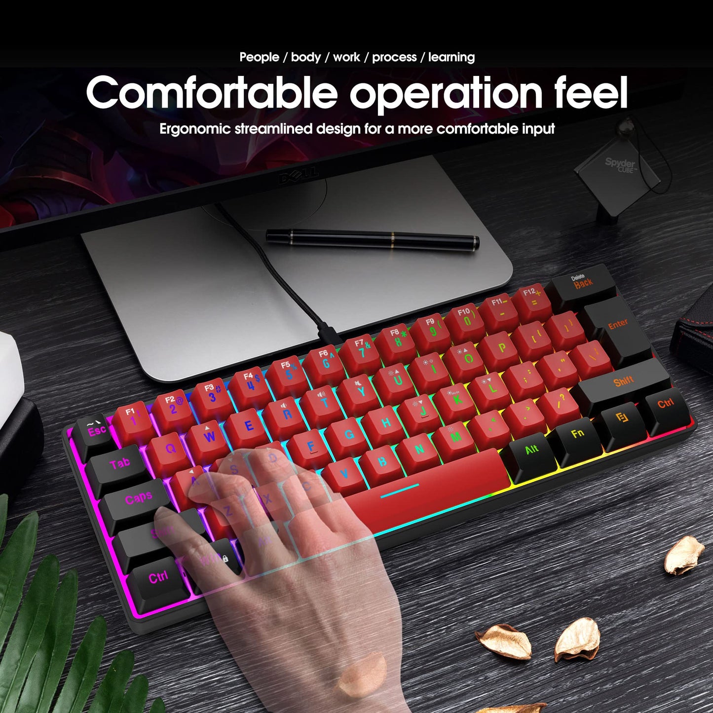 Snpurdiri 60% Wired Gaming Keyboard,True RGB Small Compact 61 Keys Mini Keyboard for PC/Mac Gamer, Typist, Travel, Easy to Carry on Business Trip(Black-Red)