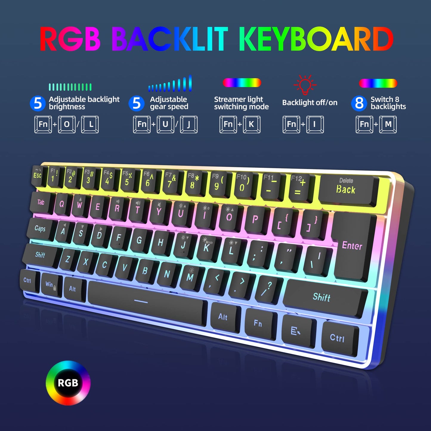 Snpurdiri 60% Wired Gaming Keyboard, Pudding Keycaps with Translucent Layer,RGB Ultra-Compact Mini Keyboards, Waterproof Small 61 Keys Keyboard for Office/Gaming(Black)